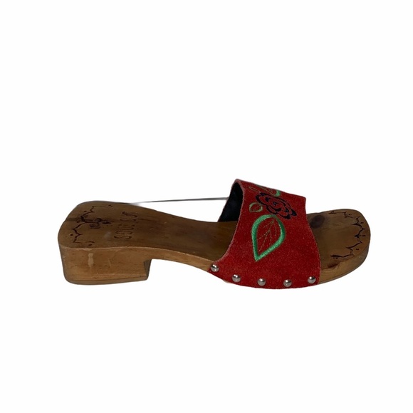Unique 100% wood soles with suede strap heels red with flower detailing SZ 5.5 - Picture 7 of 8
